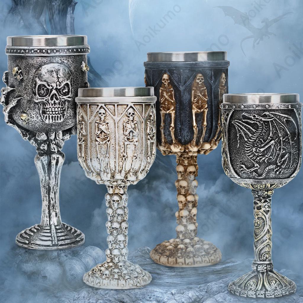 Medieval Goblet Dragon Chalice Silver Skulls Bones Fantasy Dragon Blood Wine Goblet Stainless Steel Halloween Coffee Beer Cup