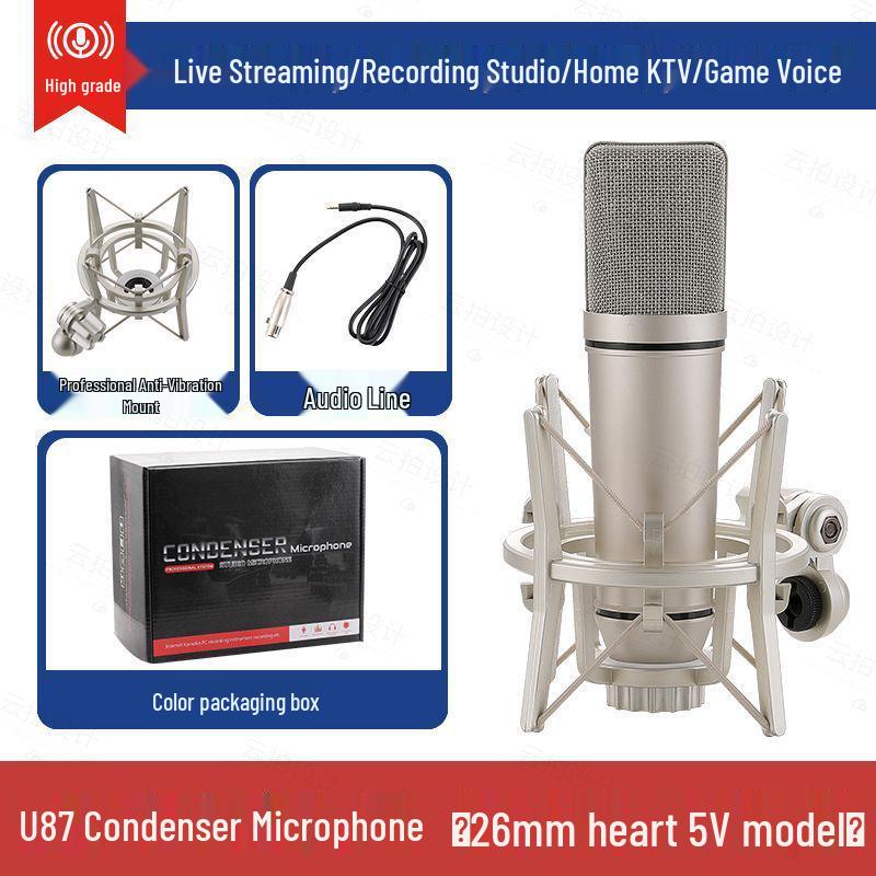 Professional U87 Large Diaphragm Condenser Microphone Set with Sound Card for Live Streaming and Singing