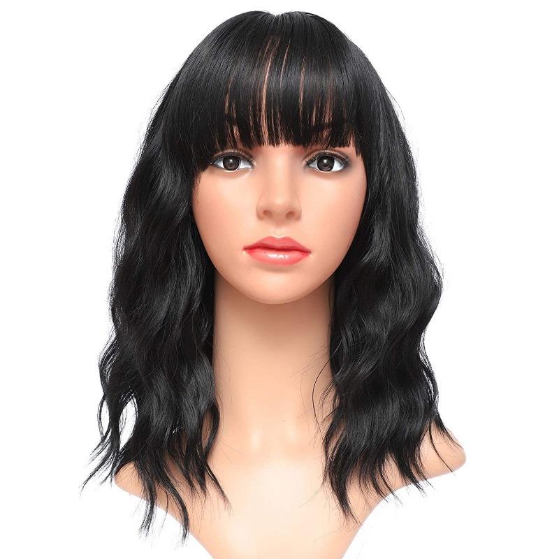 Premium Synthetic Wigs Women Wavy Wig with Bangs Medium Length Curly Wigs Drag Queen Hairstyle Wig Cosplay Costume
