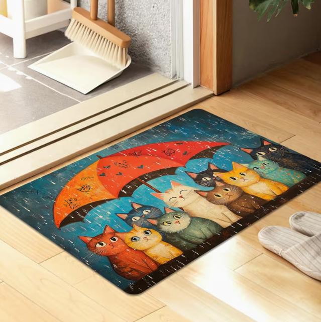 

Charming Black Cat Welcome Mat Soft Flannel Modern Minimalist Style with Colorful Leaf Patterns Carpets 40cm x 60cm