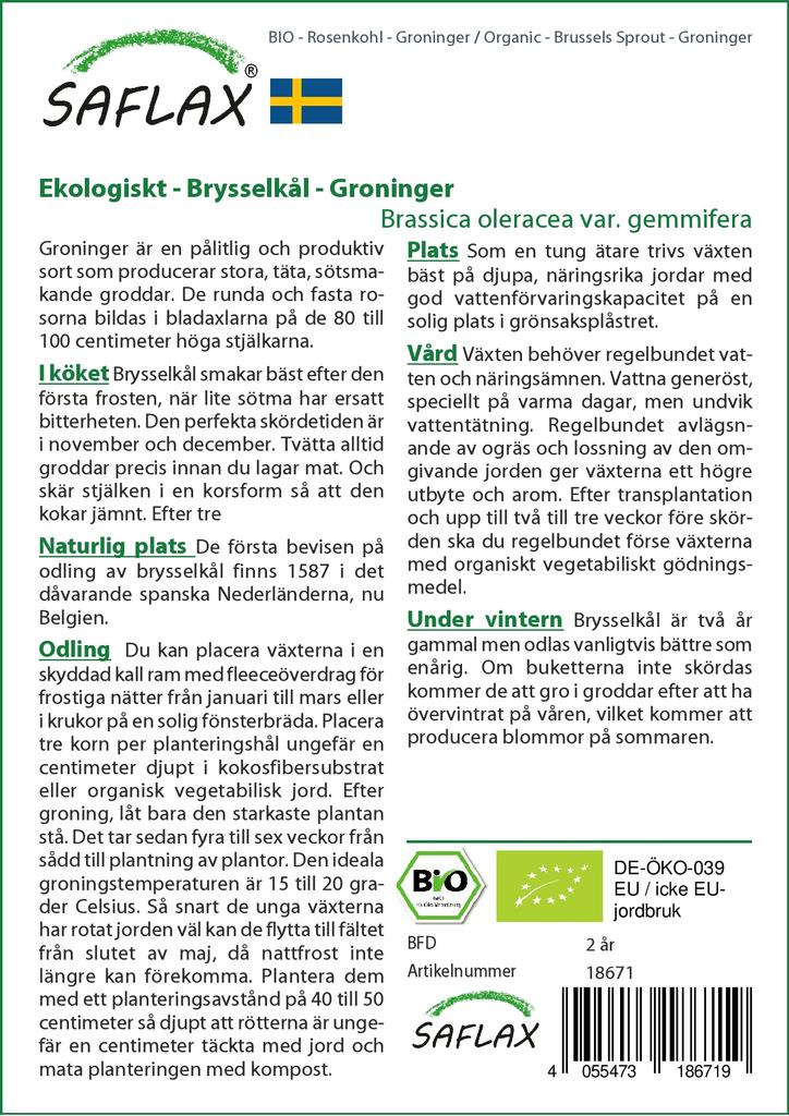 SAFLAX Garden In the Bag - Organic - Brussels Sprout - Groninger - 30 Seeds - With Substrate In a Fitting Stand Up Bag - Brassica Oleracea
