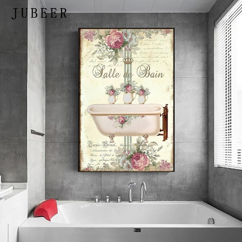 Vintage French Style Posters Bathroom Bathtub Canvas Painting Decoration Watercolor Floral Room Decor Wall Art Painting Pictures
