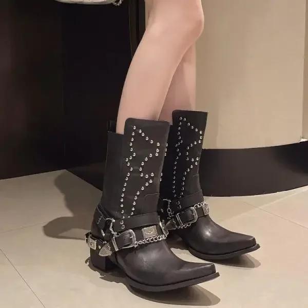 

High Quality Woman s Chelsea Boots Pointed Rivet Rock Women s Ankle Boot Fashion Black Rubber Sole West Knight Boots Botas Mujer 35 чёрный
