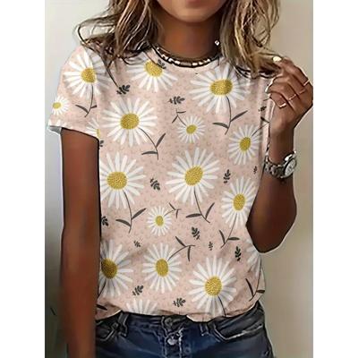 Summer Outdoor Floral Print Women's T-shirt Casual Round Neck Short Sleeve Top Street Fashion Oversize T-shirt Y2k Ladies Clothe