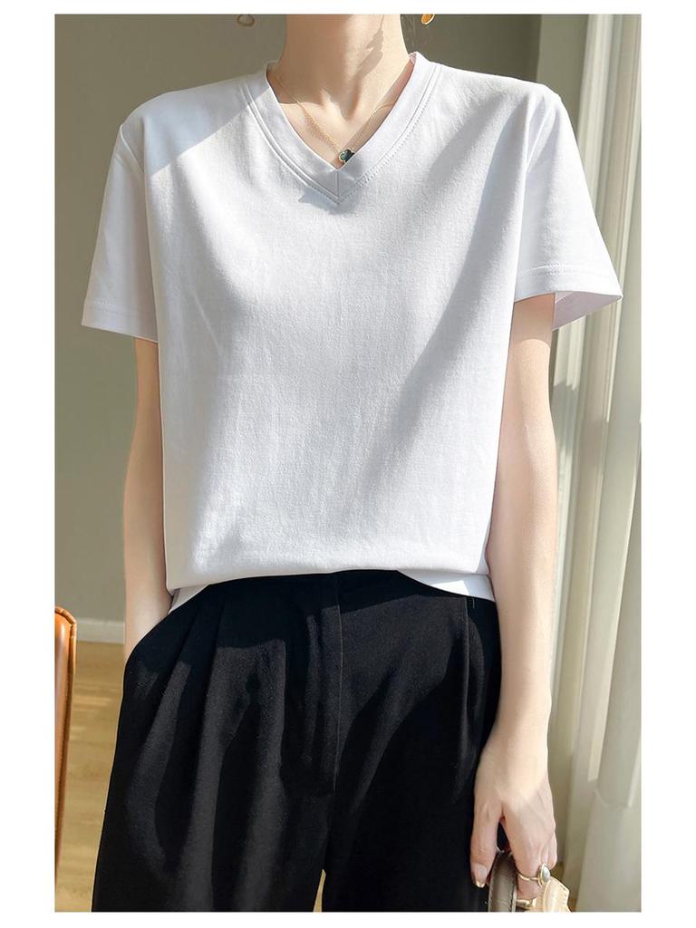 High-Quality Women's V-Neck Short-Sleeve Mercerized Cotton T-Shirt: Non-See-Through, Casual, Sweat-Absorbent, Breathable, Versatile Fit.