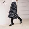 Xiangying Women's Plaid Wool-Blend Asymmetric A-Line Midi Skirt with Tassel Detail