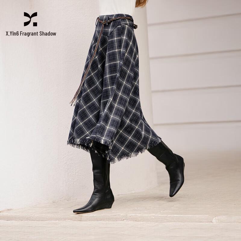Xiangying Women's Plaid Wool-Blend Asymmetric A-Line Midi Skirt with Tassel Detail