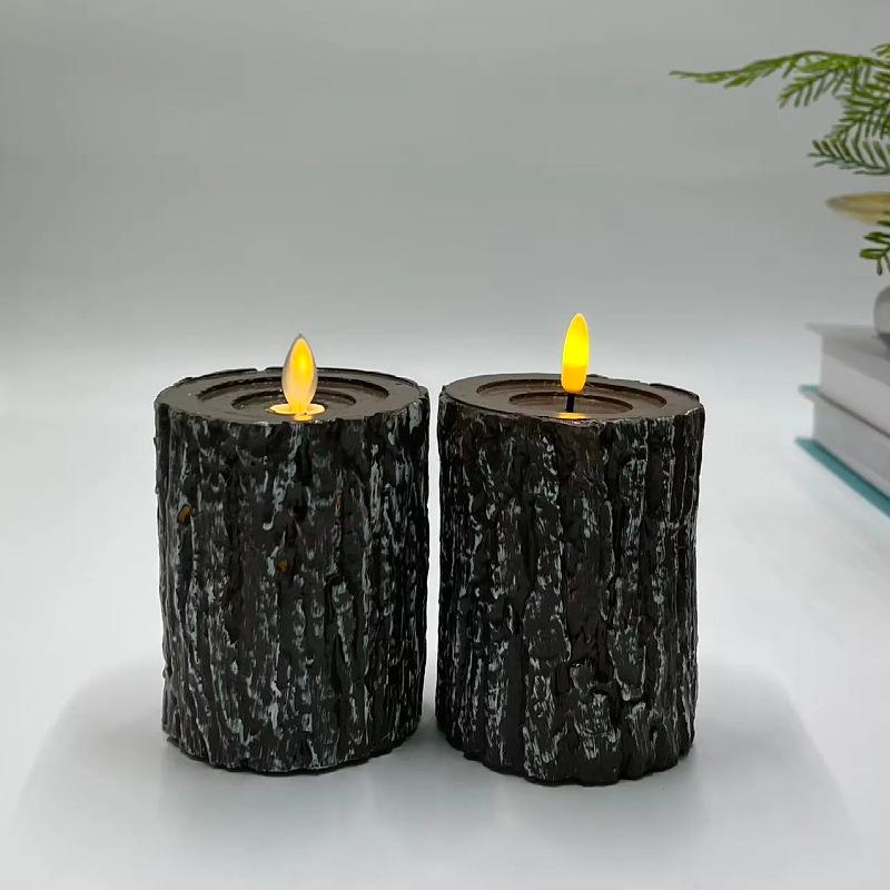Paraffin Retro Wood Tree Stump Candle Holder with LED Candle Light for Home or Cafe Decor
