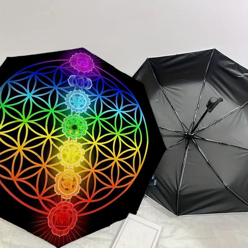 1pc Chakra Flower of Life Mandala Umbrella with Plastic Handle,Suitable for All Seasons Home Travel Outdoor UmbrellaDD210