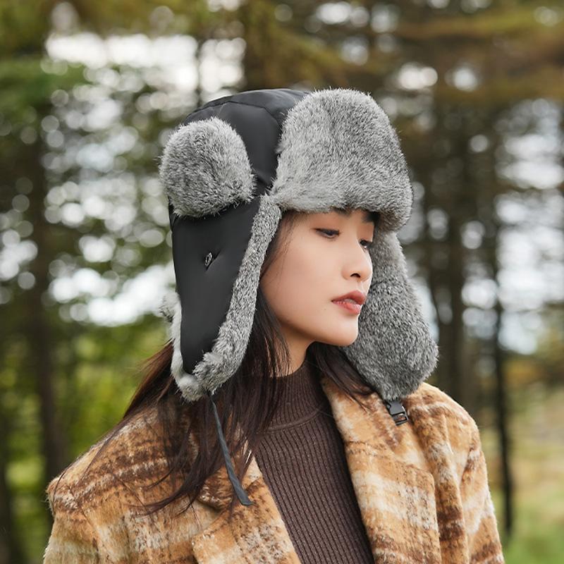 Hat Women's Winter New Rabbit Fur Warm Thickened Ear Protection Outdoor Riding Windproof and Coldproof Lei Feng Hat