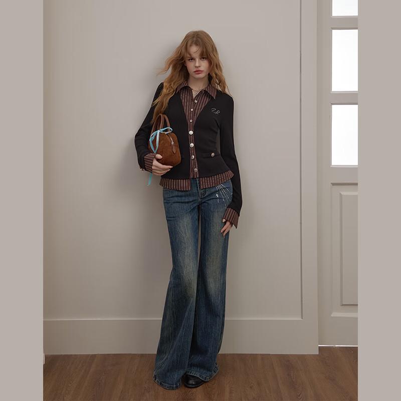 UNIFREE 2025 Autumn Preppy Faux Two-Piece Striped Slim Knit Cardigan