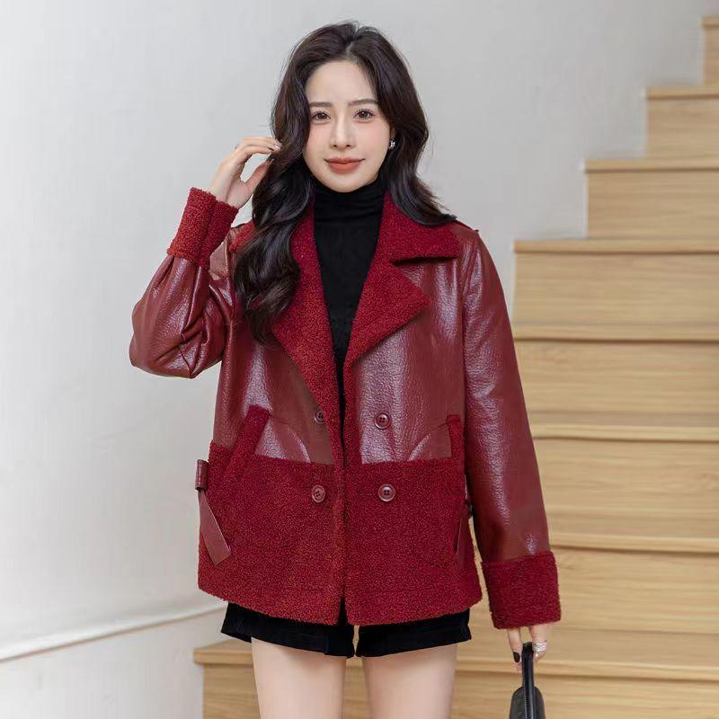 Leather Women's Plus Velvet Thickened Autumn and Winter Wear Loose Winter Western Style Short Ladies Leather Jacket on Both Sides