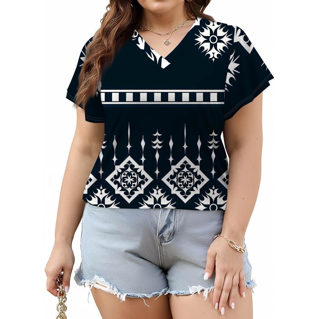 Damenmode Lässig Bedrucktes V-Ausschnitt Kurzarm Oversized T-Shirt Top