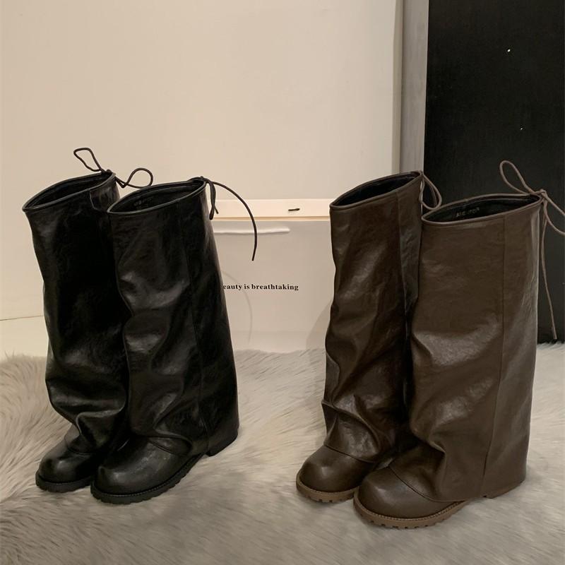 Korean version of trouser boots women's 2025 autumn and winter new Maillard retro pleated knight boots stacked boots