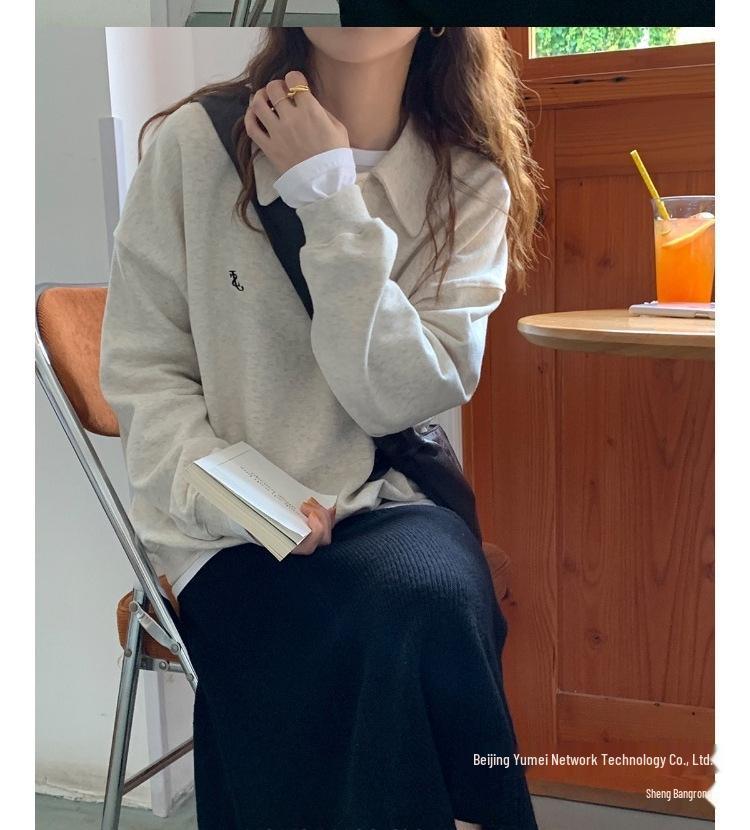 American Retro Gray Straight-Shoulder No-Hood Women's Sweatshirt - Autumn Thin Style, Petite Fit, Loose and Casual