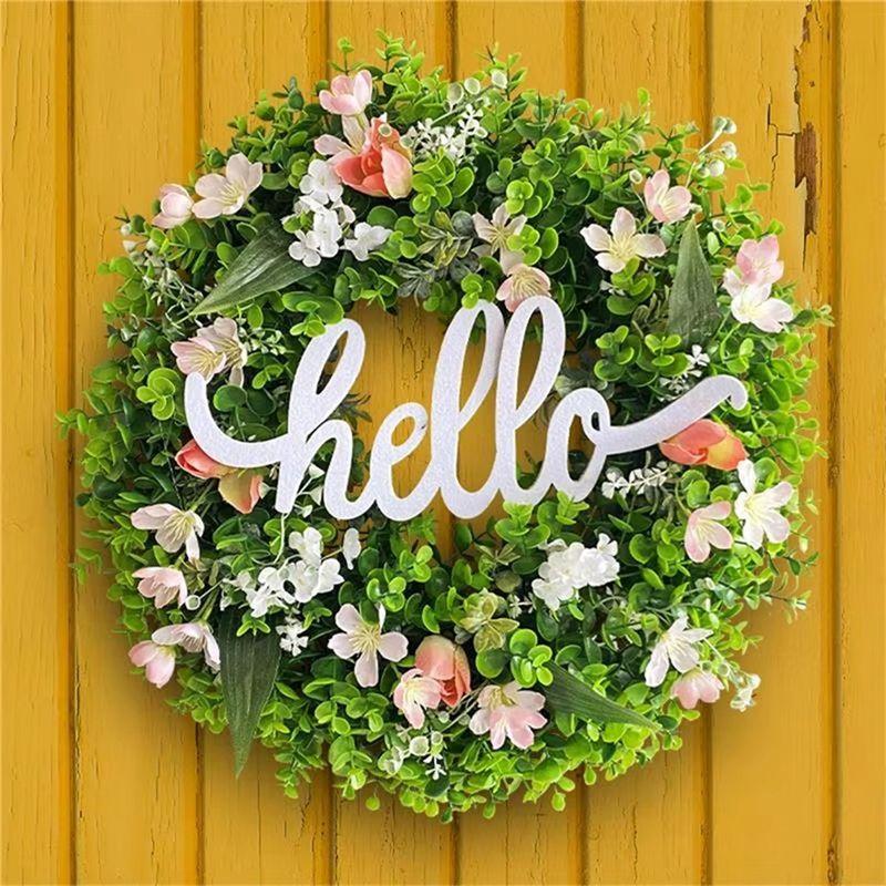 AAAF Alphabet Wreath Green Artificial Wreaths With Hello Sign Flower Wreath For Front Door Wall Window Festival Wreath