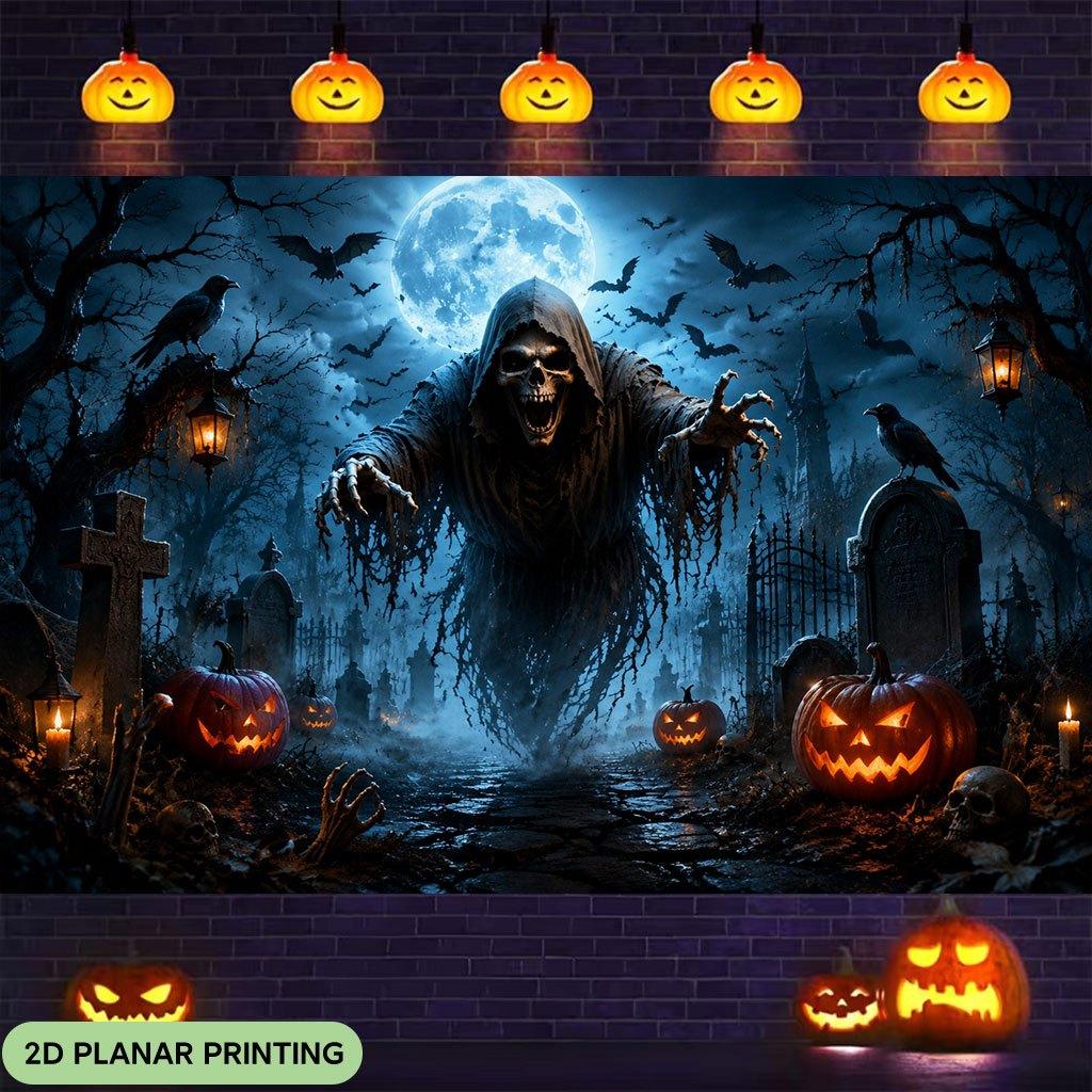1 piece of 2D flat banner, "Ghost at the Cemetery on Halloween Night", polyester fabric background cloth.zyc