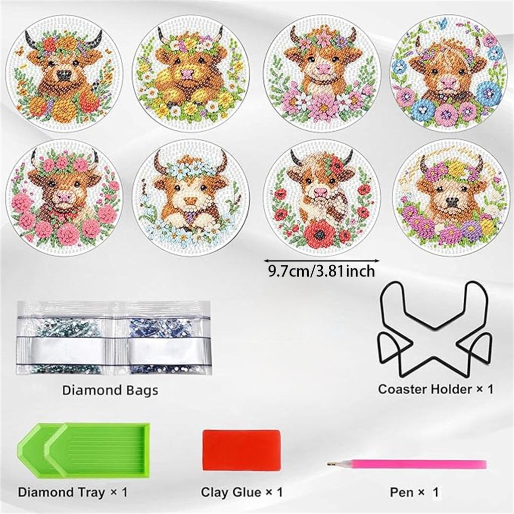 8 Peças/conjunto de Porta-copos com Padrão de Vaca Pintados com Diamantes, Porta-copos DIY com Suporte, Adequado para Iniciantes e Adultos, Materiais de Arte e Artesanato Presentes