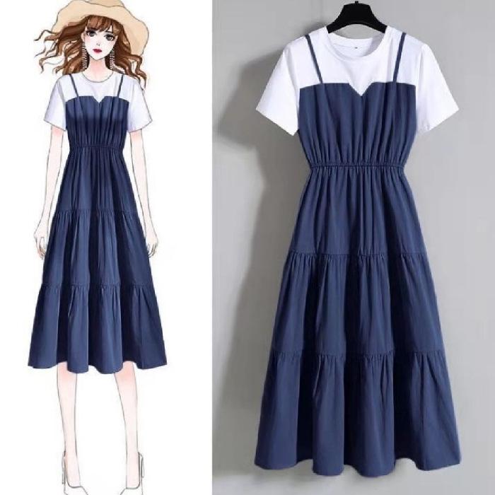 Large size women's clothing suspender fashion fake two-piece long dress summer fat sister waist thin short-sleeved dress