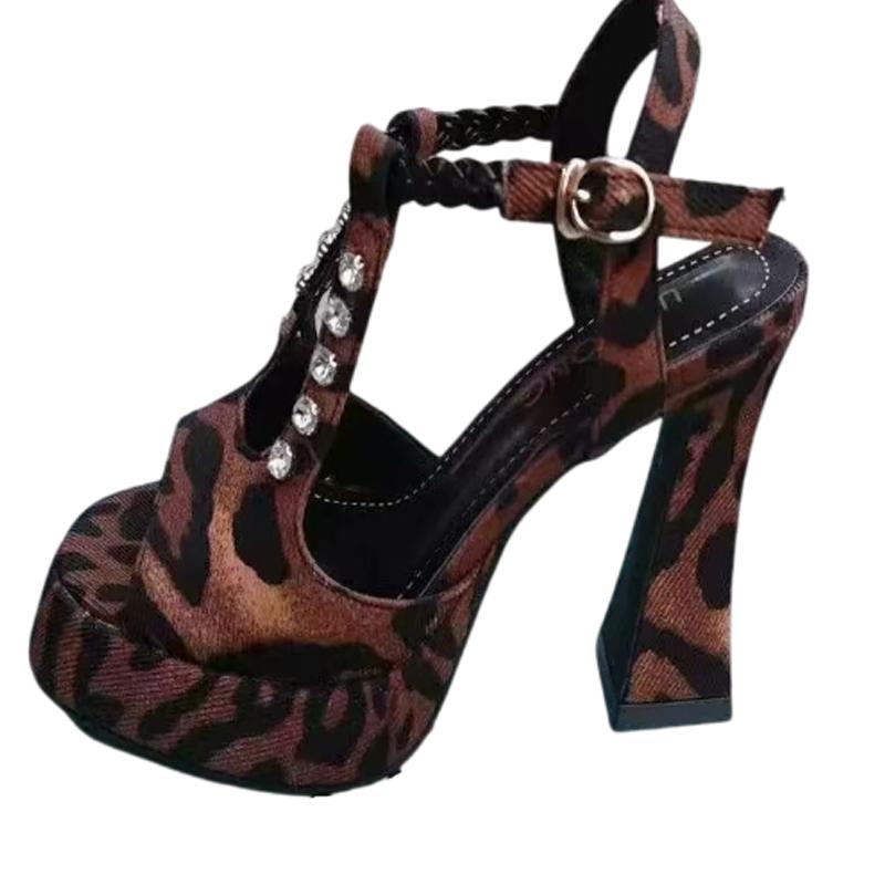 Fashion Women Leopard High Heels Sandals Crystal Sexy Shoes Summer Dress Elegant Pumps Woman Slippers 2025 New Trend Sandalias De Mujer