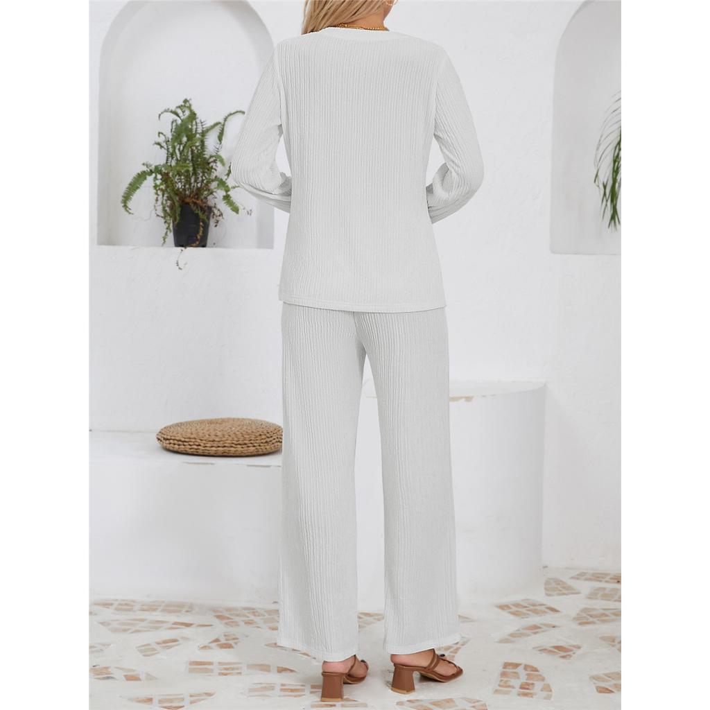 Women's Sets Casual Loose Knitted Jacquard Long-sleeved Crew Neck Top High Waist Drawstring Trousers