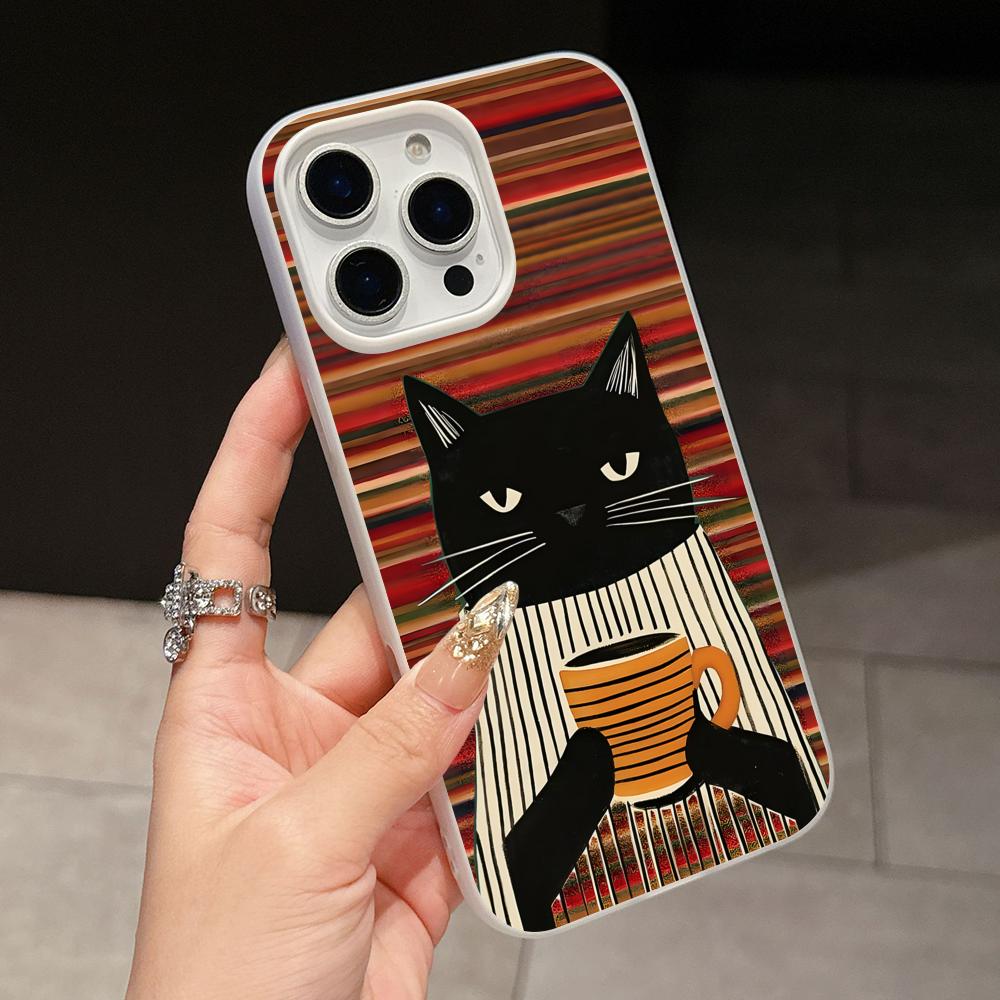 Cute Coffee Cat Jelly Double layer White Mobile Phone Case for iPhone 17 16 15 14 13 12 11 Air Pro Max Plus Protective