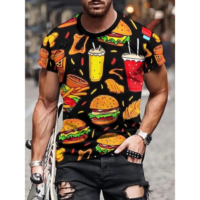 Men's 3D Printed Food Graphic T-Shirts Burgers Fries & Pizza Artistic Design T-shirts Summer Round Neck Short Sleeve Tops