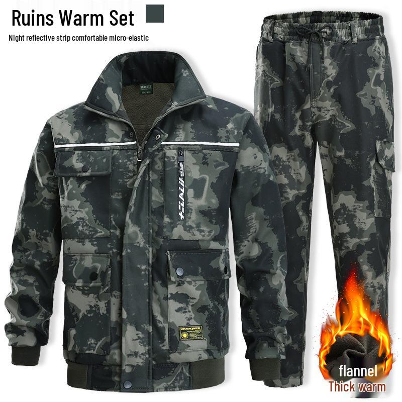 Men's Winter Camouflage Workwear Suit - Cotton, Thick, Fleece-Lined, Warm, Wear-Resistant Labor Protection Outfit.