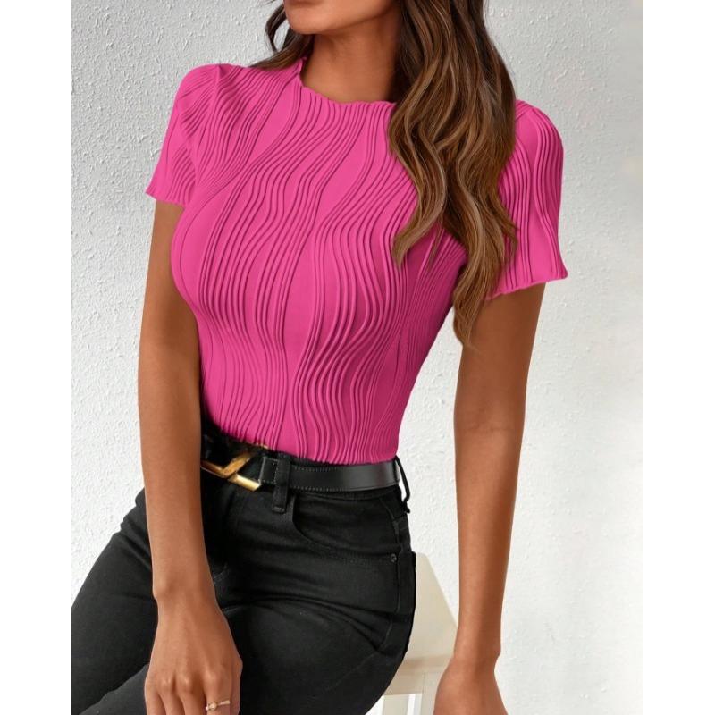 Summer Round Neck Slim Fit Short Sleeved T-shirt Elegant Simple Top Fashion Street Wear Casual Solid Color Blouse Pleated Office Shirts Tees