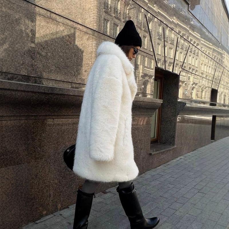 Women's medium and long artificial fur coat, suit collar imitation fur plush environmentally friendly fox fur jacket