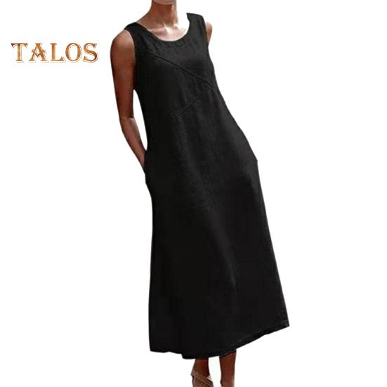 Sleeveless Maxi Dress for Women Loose Crew Neck Tank Dress with Pockets Beach Vacation Long Sundress Summer Casual Outfit