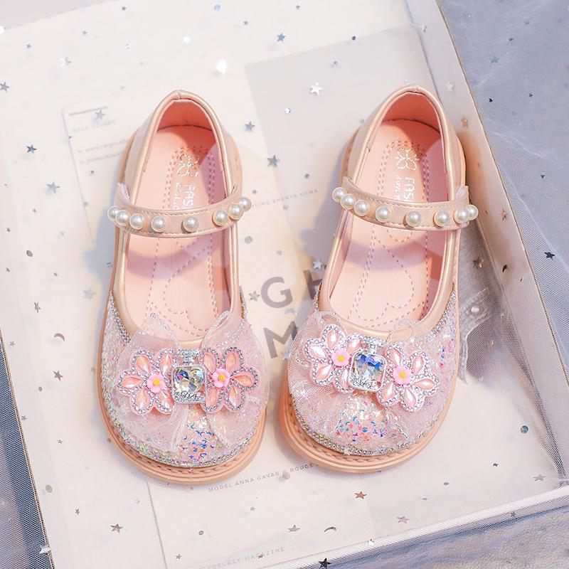 

Girls Princess Shoes Lace Bows Shiny Sequins Children Flat Shoes Non-slip Soft Sole 2025 New Kids Leather Shoes Round Toes Sweet 26 розовый