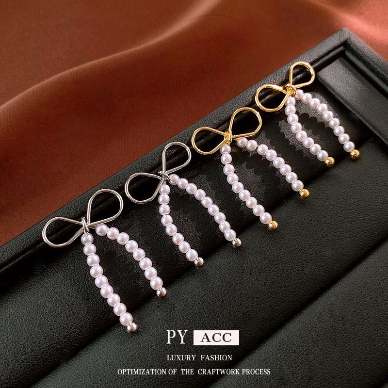 

Gold-Plated Silver Pearl Bow Earrings: Retro, High-End Studs