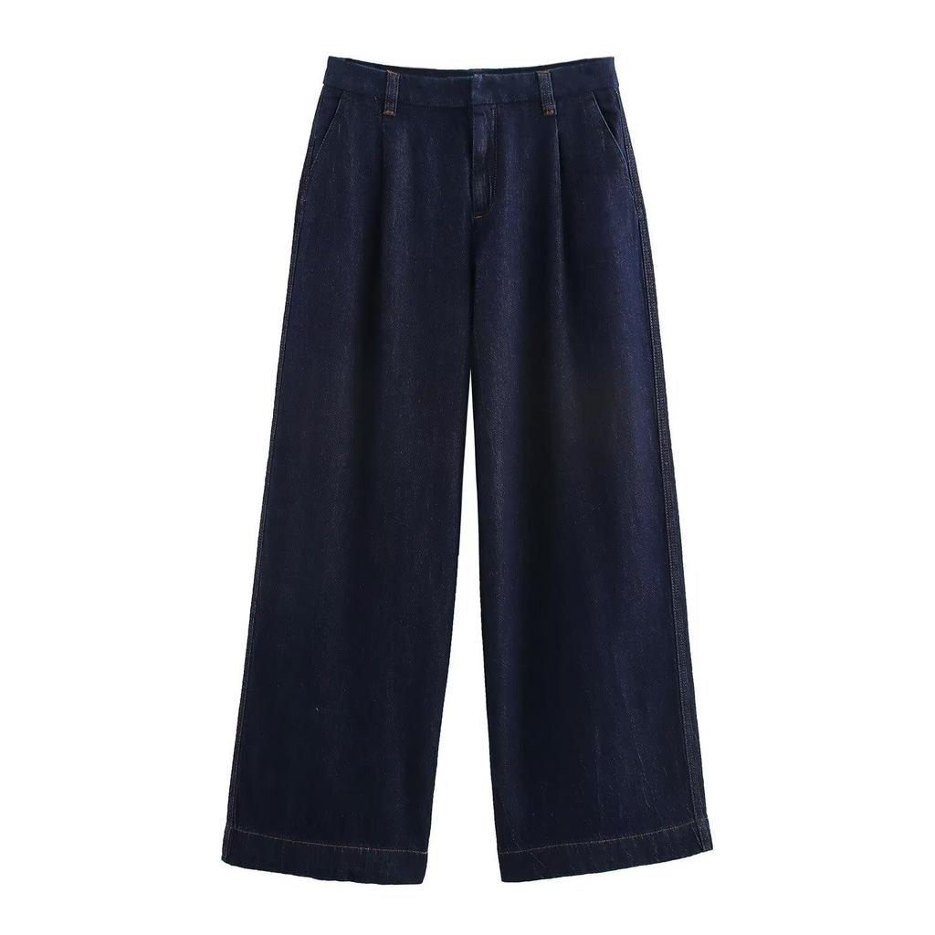 Women's Denim Set: Spring 2025 Short Turn-Down Collar Top & Mid-Waist Straight-Leg Jeans.