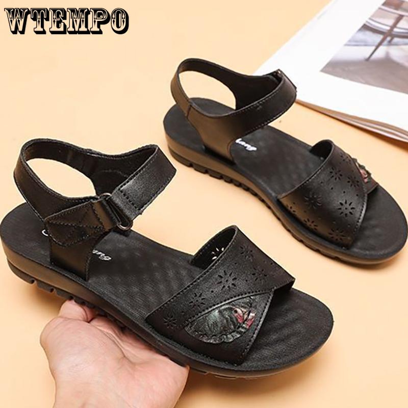 Damensandalen aus Leder mit weicher Sohle, Mama-Schuhe, Sommermode, bequeme Schuhe, flache, rutschfeste Sandalen mit dicker Sohle, mittleres Alter, PU-Material