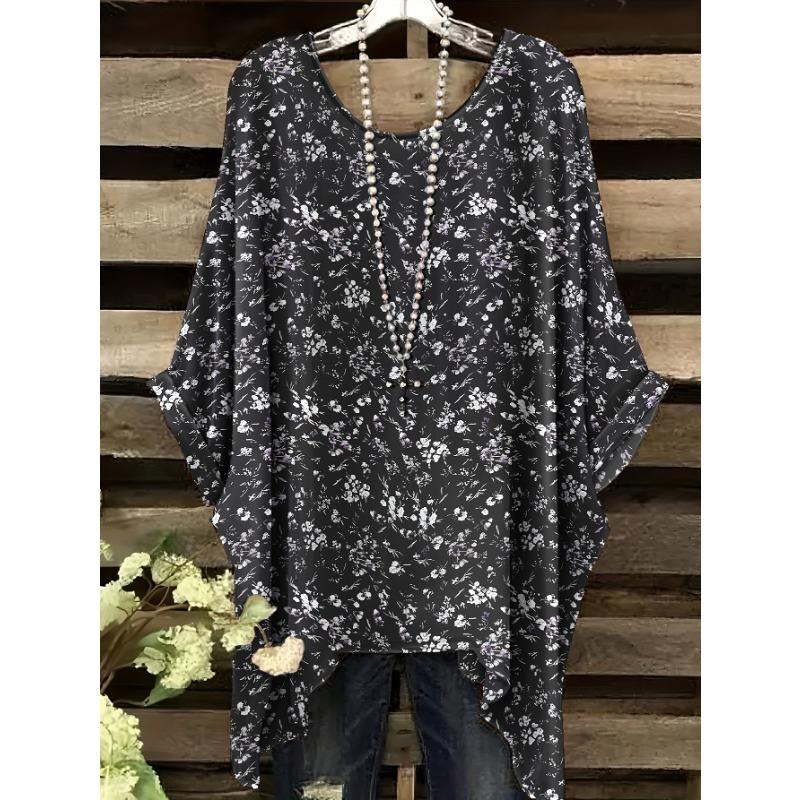 Ethnic style round neck T-shirt casual and comfortable large size top