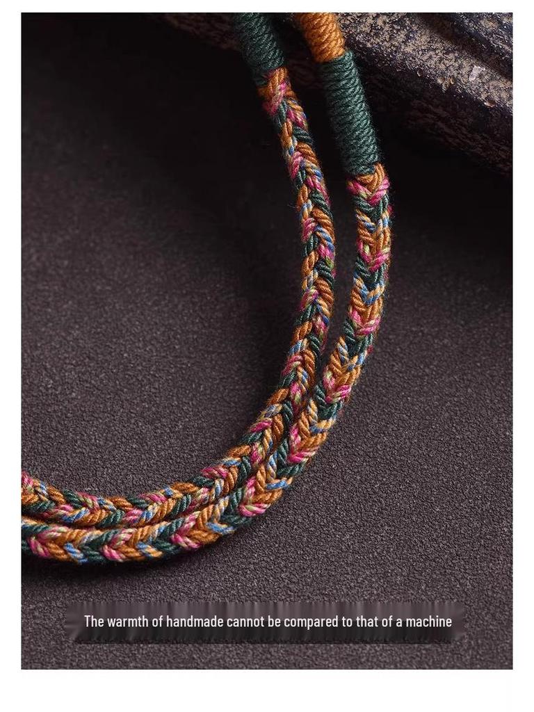 Tibetan Thangka Hand-Woven Cotton Necklace with Amber Amulet Pendant