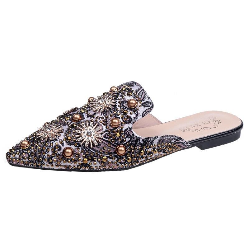 Spring and Summer New Sexy Printing Hot Diamond Rivet Pearl Pointed Head Bag Head One-word Slippers