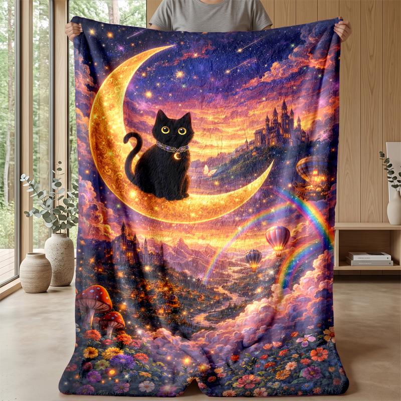 Magical Night with Rabbit and Cat Theme Blanket Lightweight Warm Flannel Blanket Decorative Throw Blanket for Home Decoration