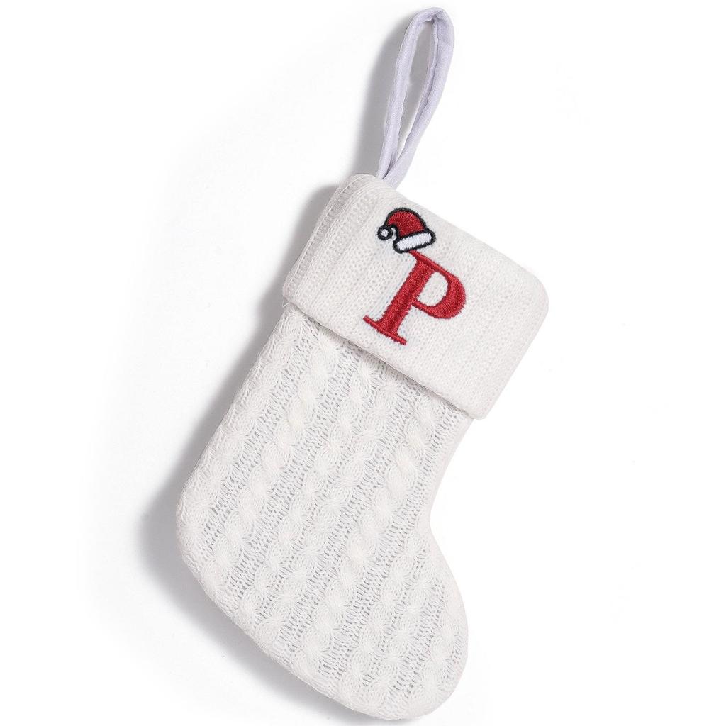 Cross-Border White Knitted Christmas Stocking with Letter Embroidery – Decorative Gift Bag Ornament.