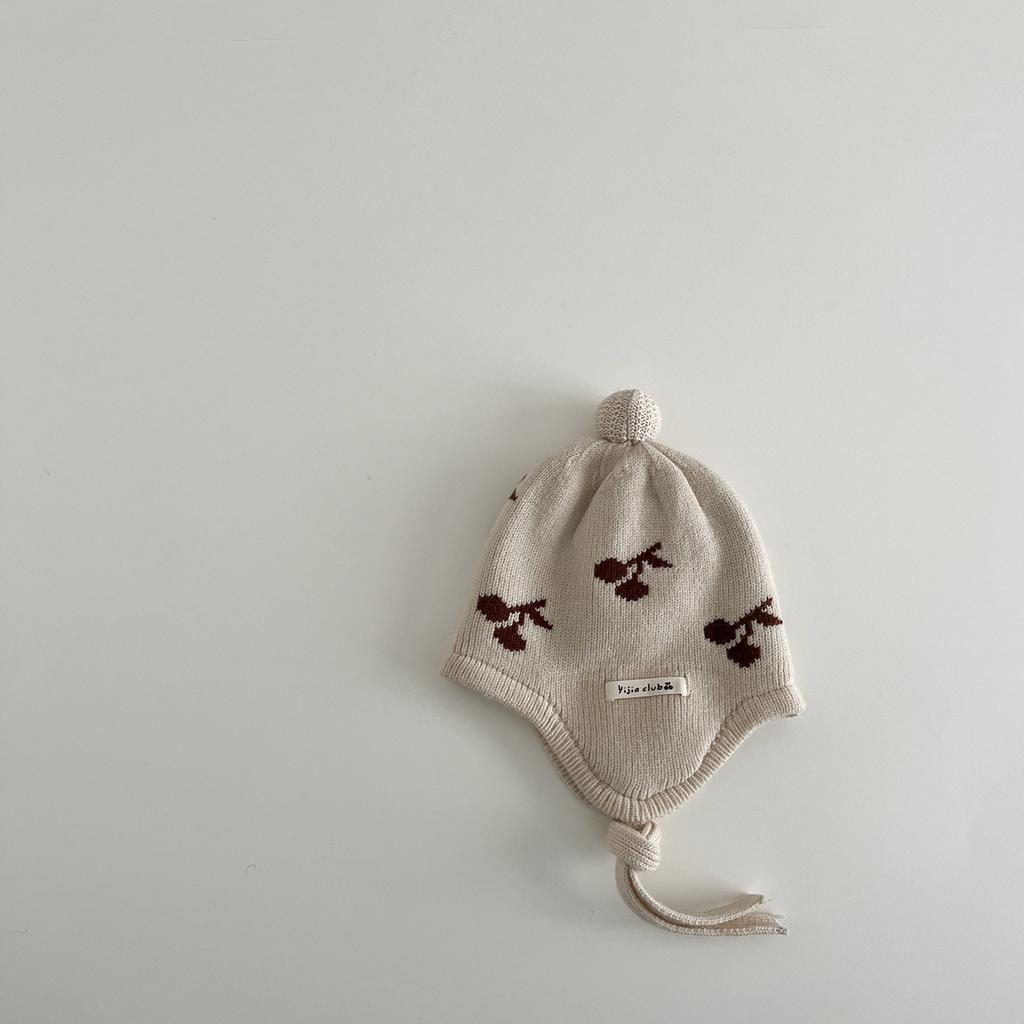 Baby Knitted Hat Winter Warm Knitted Beanie with Cherry Pattern Ear Flap Cap for Infant Boys Girls Newborn Photography Props