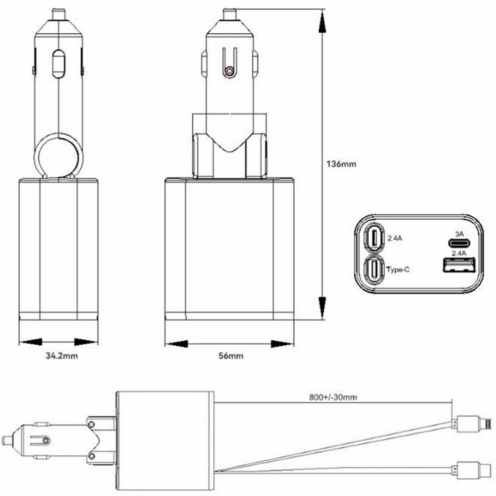 PT-27 Car Charger with Type-C/iP Retractable Cable Super Fast Charging Cable for Cell Phones, Tablets