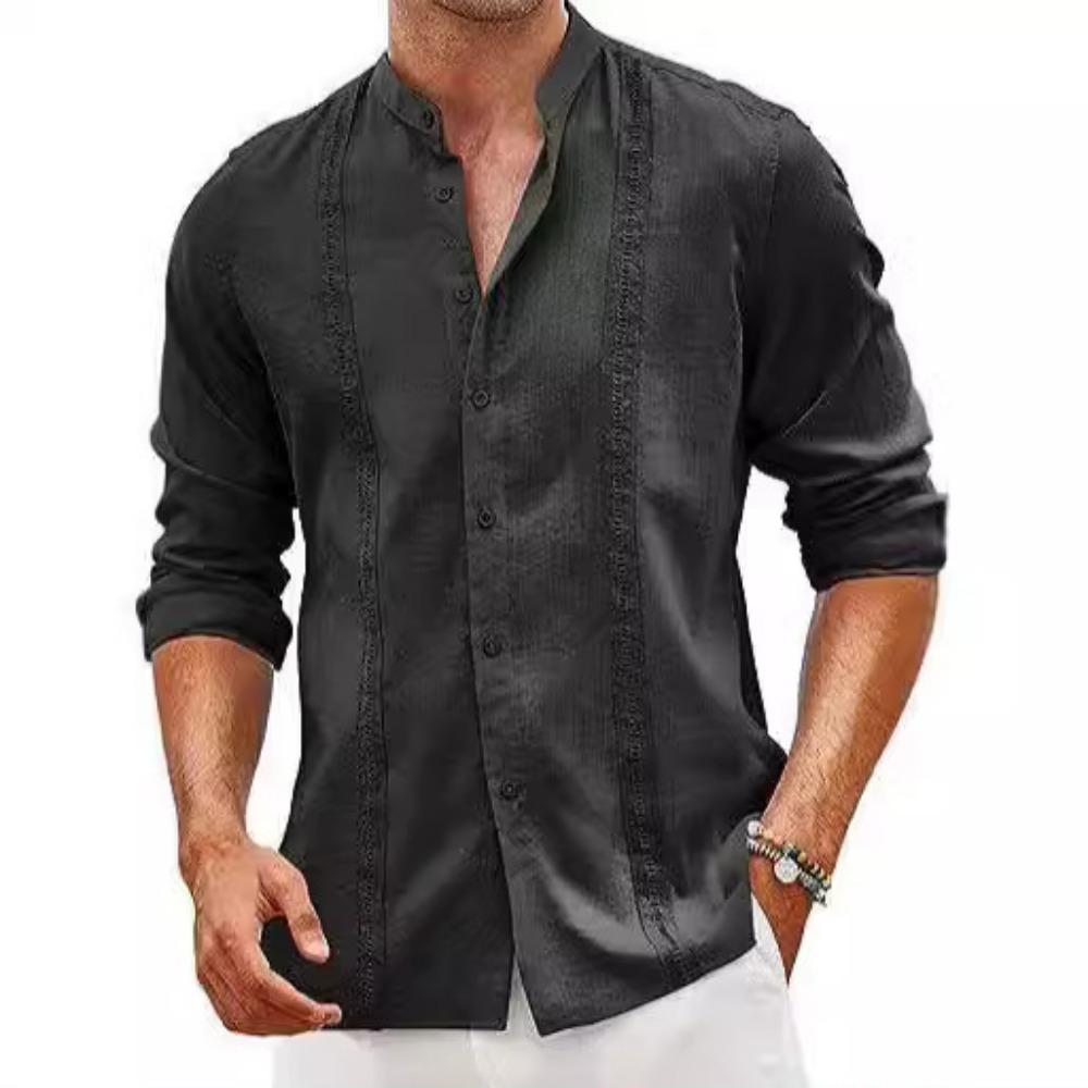 Men's Cotton and Linen Solid Color Casual Long Sleeved Shirt