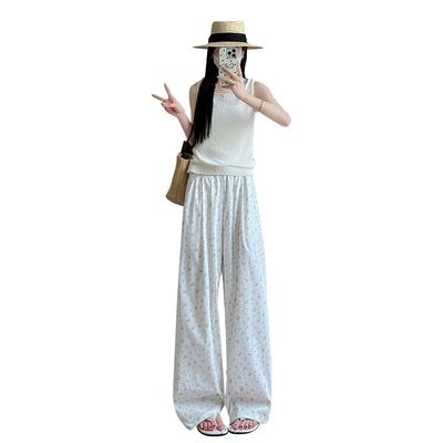 White Floral Wide-leg Pants for Women's Spring New High-waisted Drape Straight-leg Pants Casual Walk Pants
