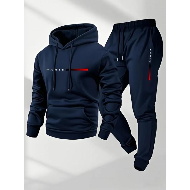 Unisex Paris Letter Print Hooded Sweatshirt Drawstring Jogger Set Winter Warm Casual Sportswear