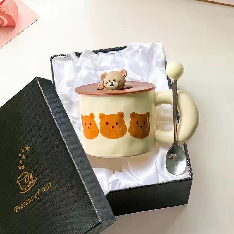 French milk fufu bear mug with lid spoon girls household cute ceramic cup couple breakfast coffee cup