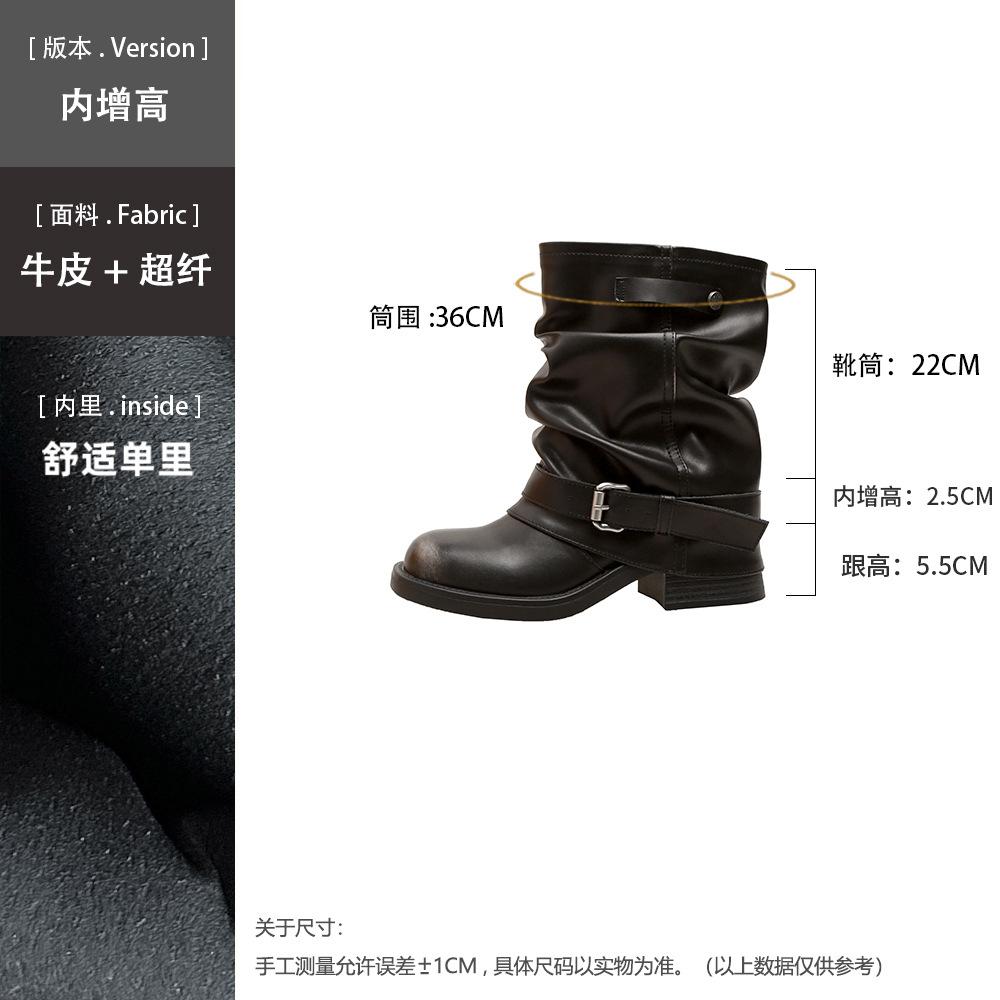 Cowhide version of grape mother, the same Spice Girl pant tube boots, fashionable wasteland wind pleated buckle, western cowboy boots, short boots