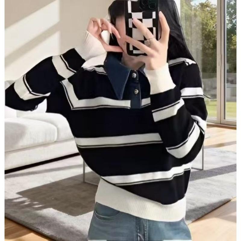 Women S Korean Retro Color Block Striped Pullover Sweater
