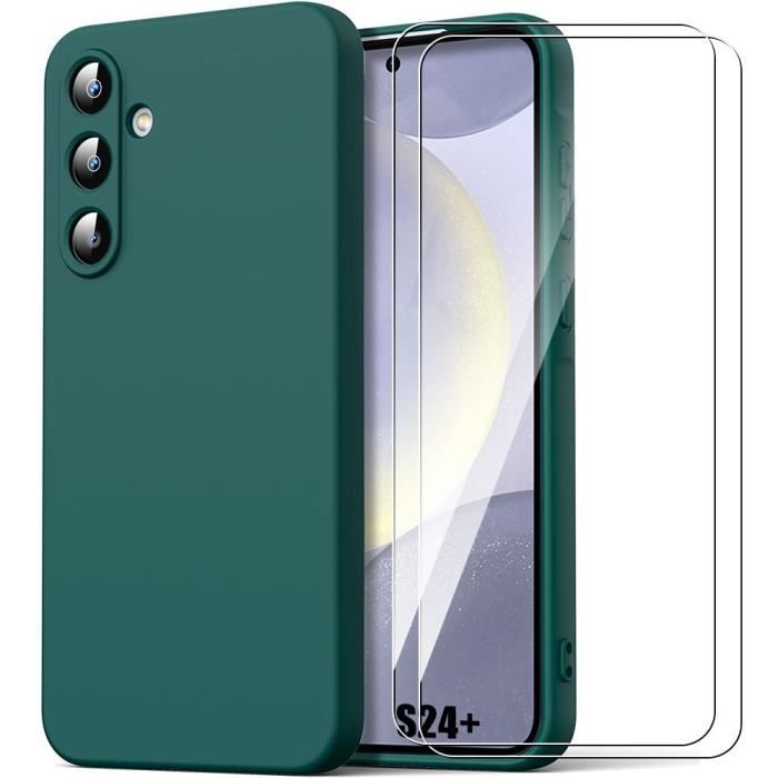 Coque + 2 Verres Trempés pour Samsung Galaxy S24+ - S24 Plus, Protection Silicone Ultra Slim Souple Effet Mat Vert Nuit