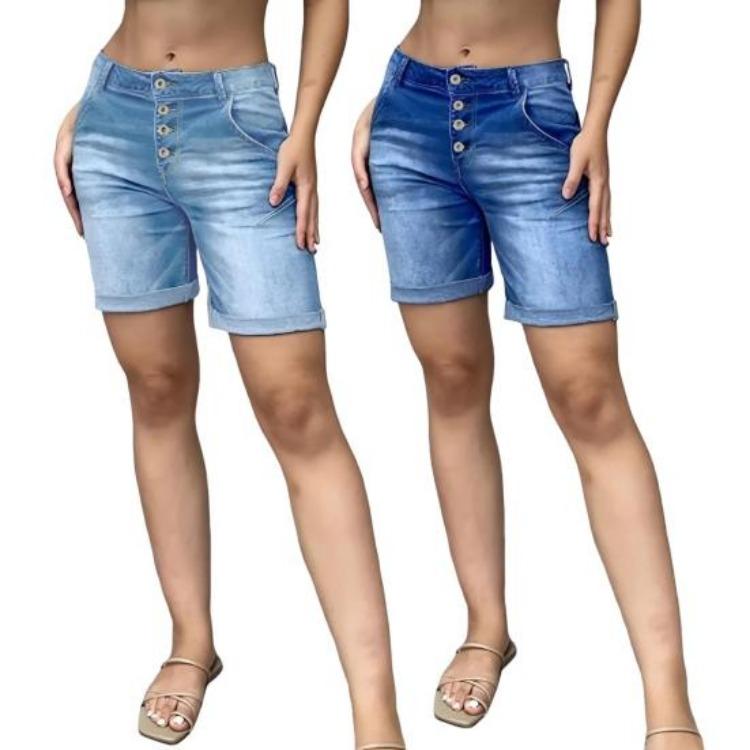 High Waisted Women Denim Shorts Slimming Bermuda Jean Shorts with Pockets Stretch Rolled Cuff
